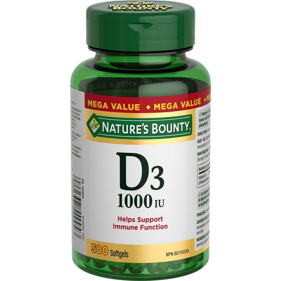NATURE'S BOUNTY Vitamin D3, 1000 IU, Mega Value, Helps Support Immune Function, Helps Develop & Maintain Bones & Teeth, Helps in Absorption Of Calcium & Phosphorus, 500 Softgels