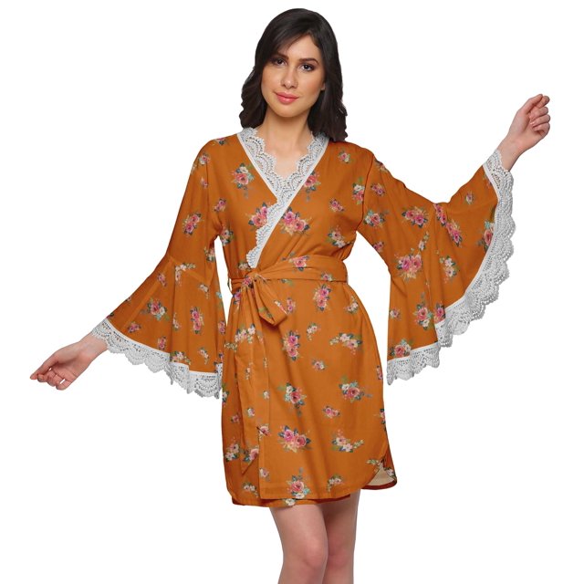 Moomaya Robe Courte Imprimée pour Mariée en Préparation, Manches Évasées, Peignoir, Portefeuille pour Femmes