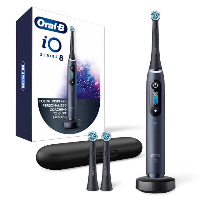 Oral-B iO Series 8 Electric Toothbrush in Black Onyx with 3 round brush heads, black charging stand, and travel case, shown with packaging highlighting color display and personalized coaching for guided brushing and gum care.