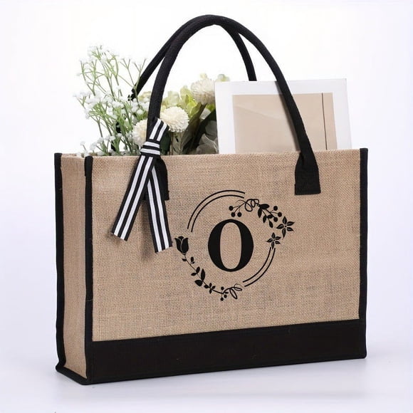 bbymog Home Organization Yoolife Initials Jute Tote Bag and Cosmetic Bag Beach Tote Bag With Zipper Pocket Adjustable Strap Birthday Gift for Women