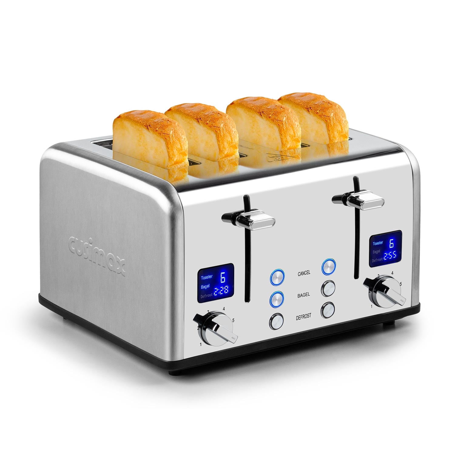 Refurbished Cusimax CMWT-8250ES 4-Slice Toaster, Extra-Wide 5.5-Inch Slots, Dual Independent Controls, 6 Browning Settings, LED Display, Stainless Steel