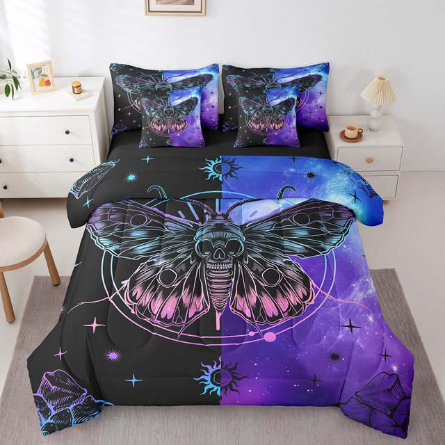 YST Boho Moth Comforter Set, 7-Piece, Gothic Skull, King Size, Black Blue