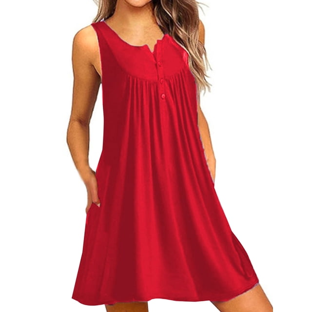 Innerwin Mini Dress Button Women Sundress Beach Solid Baggy Bohemian Red 3XL