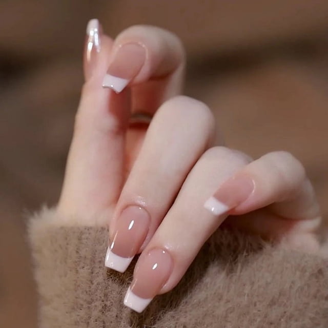 HLONK 24Pcs Gel Press on Nails Gel French Long Fake Nails Press on Tips With Glue Rhinstone with Butterfly NO.13