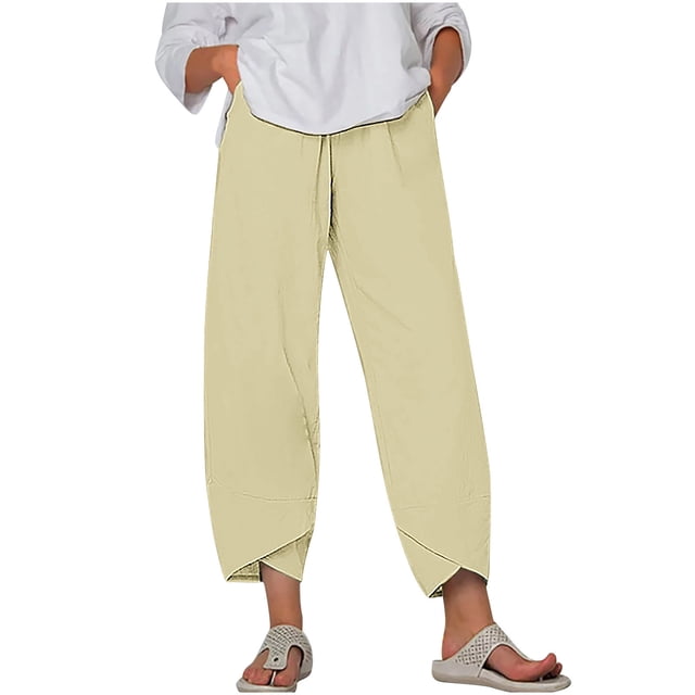Timegard Plus Size Pants for Women Elastic Waist Solid Color Comfy Fall Casual Crop Pants with Pockets