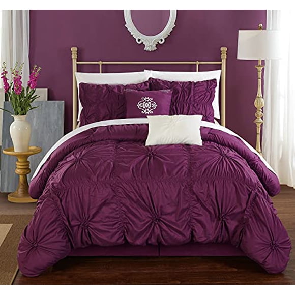 Chic Home Halpert 6 Piece Comforter Set Floral Pinch Pleated Ruffled Designer Embellished Bed Skirt and Decorative Pillows Shams Included, Queen, Purple