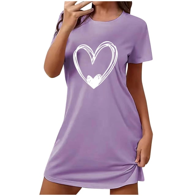 Amzcrzy Pyjamas pour Femmes Mode Imprimé Cœur Valentines Day Robe Décontractée Confortable à Manches Courtes Chemises de Nuit pour Femmes Valentines Day Cadeaux