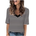 thumbnail image 1 of Penkiiy T-Shirts à Manches Courtes à Blocs de Couleur Rayés pour Femmes, Col Rond, Décontractés, Amples, Chandails à Enfiler, Hauts d'Été, Tee-Shirt 2TG Noir, 1 of 5