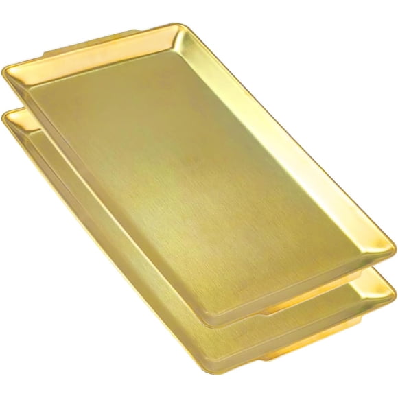 Plateaux de Service Grands 15,8 Pouces x 9,5 Pouces, Plateaux de Service Grands en Acier Inoxydable Robustes, Assiettes Rectangulaires Dorées pour Aliments, Fruits, Fête, Mariage, Noël, Résistantes aux Éclats et aux Égratignures