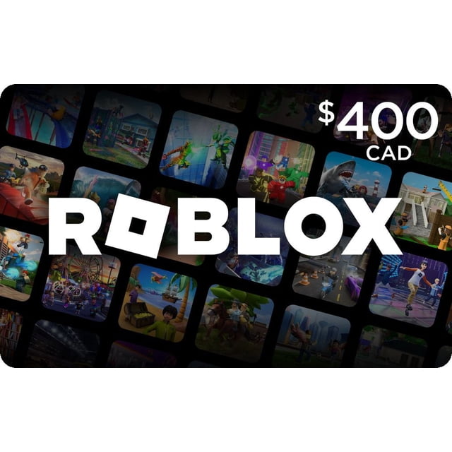 Roblox $400 Carte-cadeau Numérique Montrant un Grand logo Roblox Blanc, Centré sur un Fond Sombre, avec Plusieurs Vignettes Colorées de Scènes de Jeu Roblox et de Personnages, au Prix de 400 $ CAD dans le Coin Supérieur Droit.