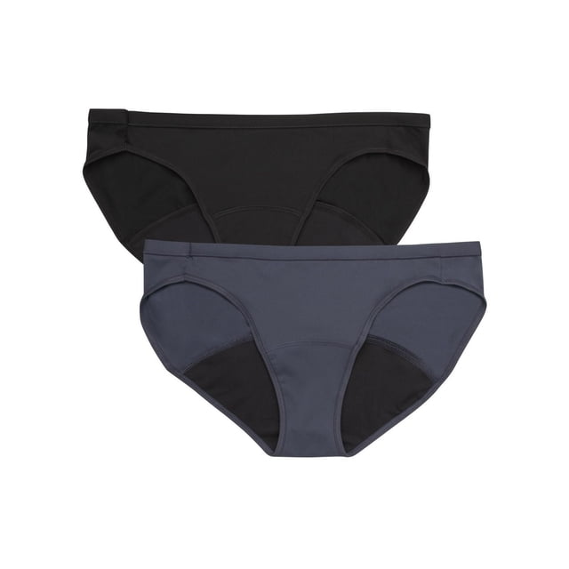 Hanes P2 Fresh & Dry Light Leaks Bikini two-pack of women's period panties in black and dark grey, made with quick-drying polyester-spandex fabric, featuring an innovative leak-proof liner that minimizes stains, moisture-wicking with odor protection, no ride up, and discreet fit under clothes.