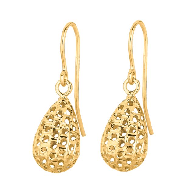 Boucles d'Oreilles Pendantes en or Jaune 14K avec design en Maille Hautement Poli et Apprêts en Fil Euro. Ces Boucles d'Oreilles Pendantes Unies Mesurent 22 mm de Longueur et Pesent 1 Gramme. Les Breloques Pendantes en or 14K Véritable avec une Marque Métallique 14K Estampée, Convenant au Port de Jour Ou de Nuit.