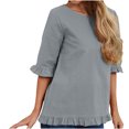 thumbnail image 1 of Summer Cotton Linen Tops for Women Ruffle Half Sleeve Crewneck Solid Color Shirts Blouses Casual Comfy Basic Tee Shirts, 1 of 7