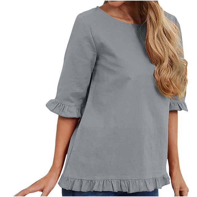Summer Cotton Linen Tops for Women Ruffle Half Sleeve Crewneck Solid Color Shirts Blouses Casual Comfy Basic Tee Shirts