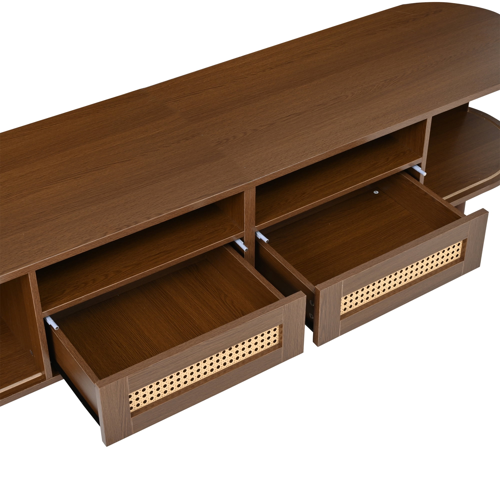Meuble TV maison Noble 64.9" avec 2 tiroirs en rotin et 2 portes coulissantes, buffet ovale arrondi pour TV 65", noyer