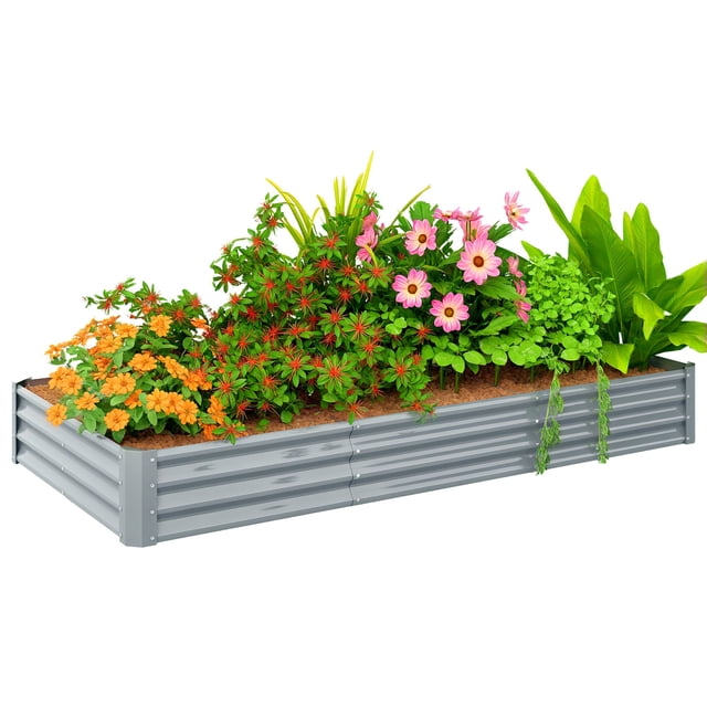 Outsunny 8x4x1ft Galvanized Raised Garden Bed, Open Bottom, Silver
