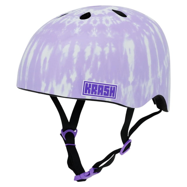 Krash! To Dye For Lavender PVC Helmet, Youth, shown in a 3/4 profile with a lavender and white tie-dye pattern on a durable PVC shell, black adjustable straps with purple buckles, and aerodynamic cooling vents, designed for ages 8-14 with head sizes 54-58 cm, suitable for biking, skateboarding, scootering, and rollerblading.