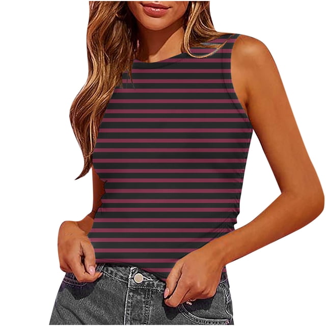 Plebaso Débardeurs Ajustés à Rayures pour Femmes Sans Manches à Col Rond Froncés Blouses d'Été Décontractées Basiques T-Shirts