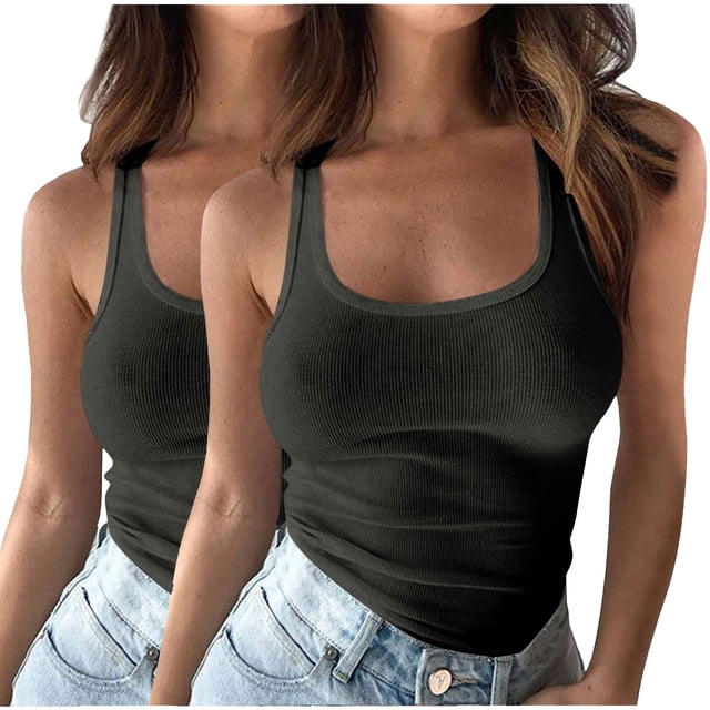 Plebaso 2 Pack Ribbed Tank Tops for Women Spaghetti Strap Slim Tops Scoop Neck Sleeveless Summer Tops