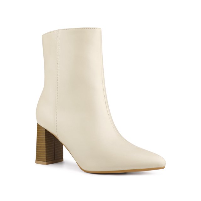 Unique Bargains Women's Side Zip Pointed Toe Block Heels Ankle Boots Nude (Size 6)
