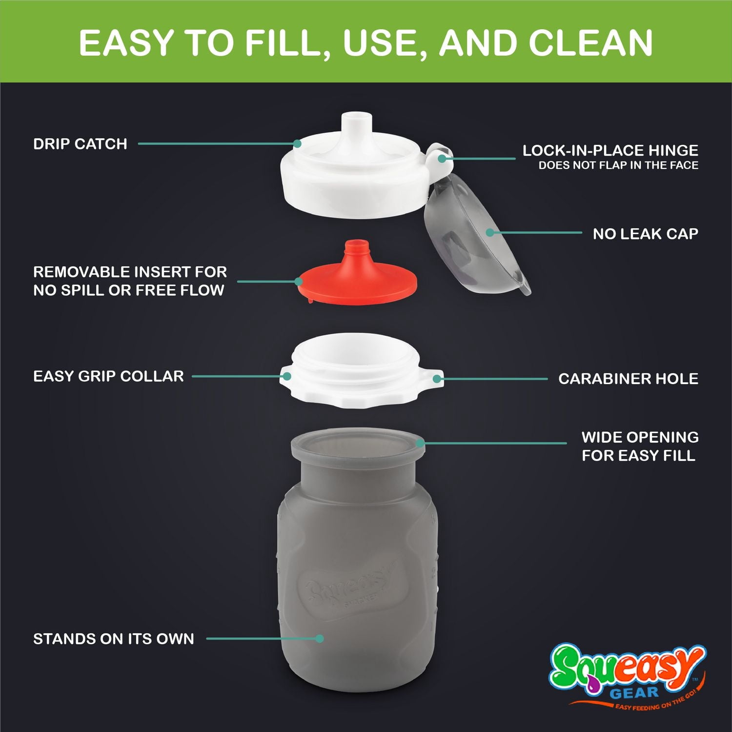 Squeasy Gear - Snacker Baby Reusable Food Pouch with No Spill Insert