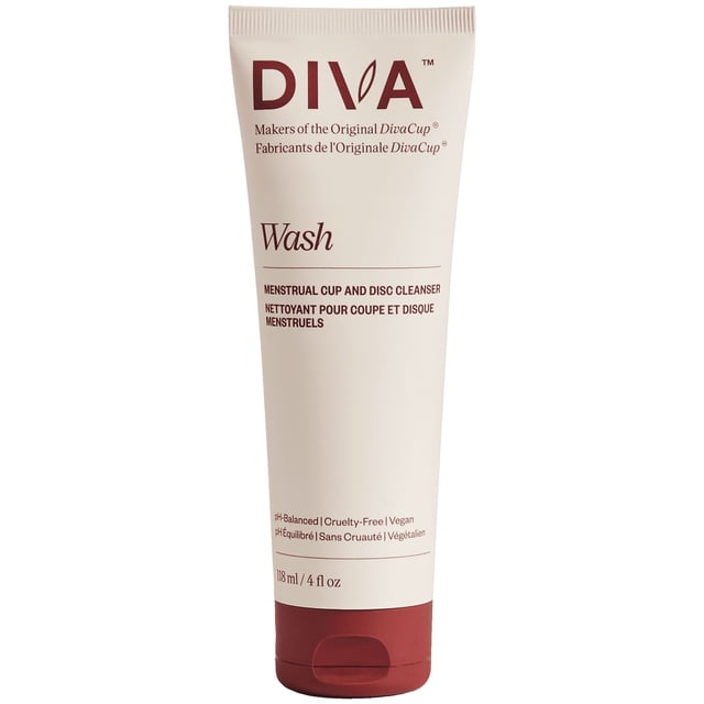 DIVA Wash Menstrual Cup and Disc Cleanser in a white tube with maroon flip-top cap, featuring pH-balanced, cruelty-free, vegan formula, and 118 ml (4 fl oz) volume, designed to clean and protect reusable menstrual cups and discs.
