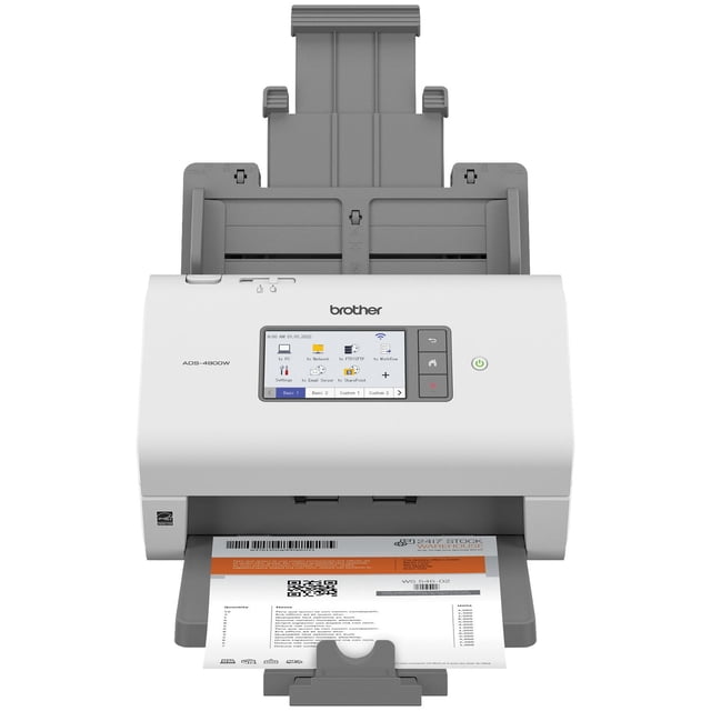 Brother ADS-4900W Numériseur de Bureau avec Corps Blanc et Gris, Écran Tactile Couleur de 4,3 Pouces Affichant les options de Numérisation, Chargeur de Papier Étendu et Plateau de Sortie Tenant un document Numérisé avec Code-Barres et Texte, Conçu pour une Numérisation Recto Verso Rapide et un Partage Réseau Sécurisé.