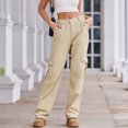 thumbnail image 4 of Besolor Jeans Cargo Taille Haute pour Femmes, Jambe Droite Extensible à Poches à Rabat, Kaki, 4 of 7