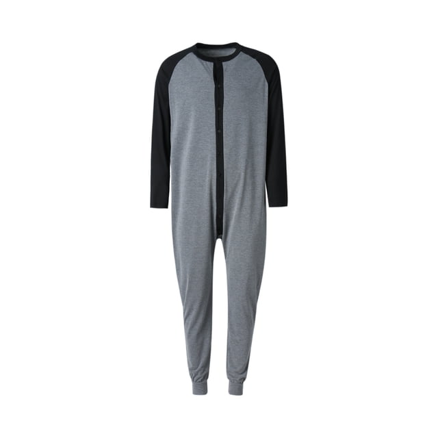 Sylvamorning Men One-piece Pajama with long sleeves and a round collar, shown in grey with black sleeves. The pajama features an open front with buttons for easy wear and a loose, comfortable fit. Made from a soft cotton and polyester blend, it is breathable and suitable for spring, autumn, and winter. Ideal for home wear and available in sizes S to XXL.