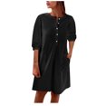 thumbnail image 1 of AherBiu Robe Courte en Coton et Lin pour Femmes, Manches 1/2, Boutonnée, Col Ras du Cou, Décontractée, Ample, Légère, 1 of 7