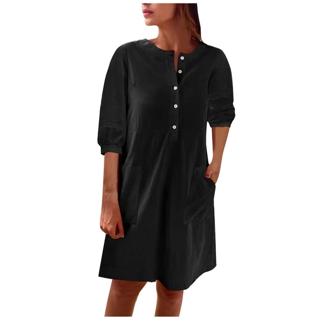 AherBiu Robe Courte en Coton et Lin pour Femmes, Manches 1/2, Boutonnée, Col Ras du Cou, Décontractée, Ample, Légère