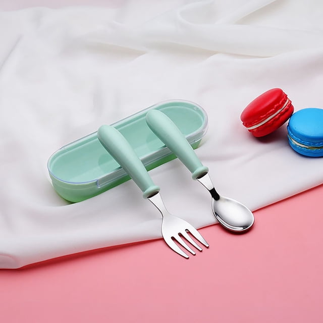 TIMIFIS Fork and Spoon Set Wrtgerht 304 Stainless Steel, Children's Spooand Fork, Baby Food Supplement Spoon, Fork Combination, Tableware Kitchenware (Color : Green) Spoons
