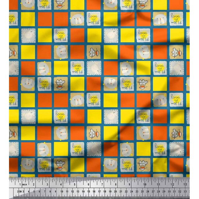 Soimoi Poly Crepe Fabric Geometric Square,Text & Bear Face Kids Print Fabric by Yard 42 Inch Wide