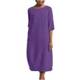 thumbnail image 2 of Robe en Coton et Lin pour Femmes Grande Taille Manches 3/4 Col Rond Coupe Ample Droite Unie Midi, 2 of 4