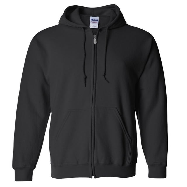 Gildan Heavy Blend Adult Full Zip Hooded Sweatshirt Top in a plain black design. Made from 50% cotton and 50% polyester fleece fabric with a midweight 280gsm construction. Features a drawstring hood, ribbed elasticated cuffs and hem, two side pockets, and a full zip closure. Suitable as a women's sweatshirt and certified Oeko-Tex Standard 100 for sustainability.