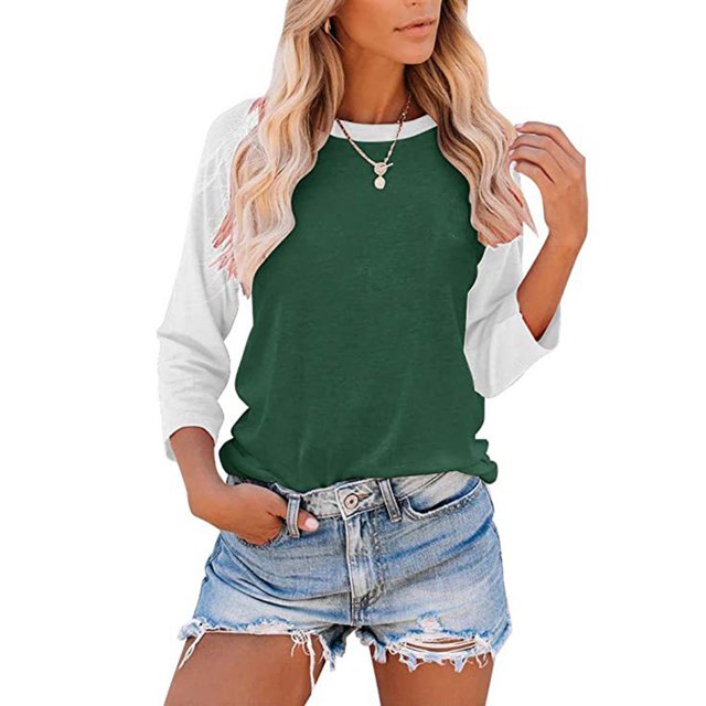QTBIUQ Blouse Décontractée pour Femmes à Col Rond Imprimée à Blocs de Couleur à Manches Trois-Quarts