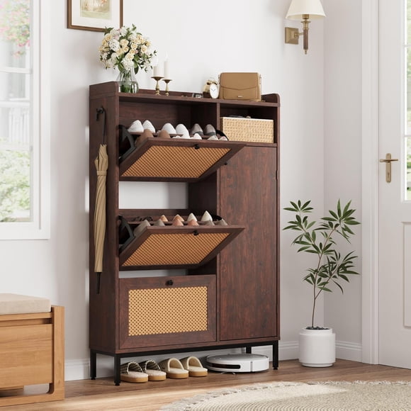 PIONEERWORKS Shoe Cabinet Rattan with 3 Flip Drawers and 4-Tier Shoe Storage Cabinet, Freestanding Shoe Organizer with Adjustable Shelves for Entryway, Closet, Hallway