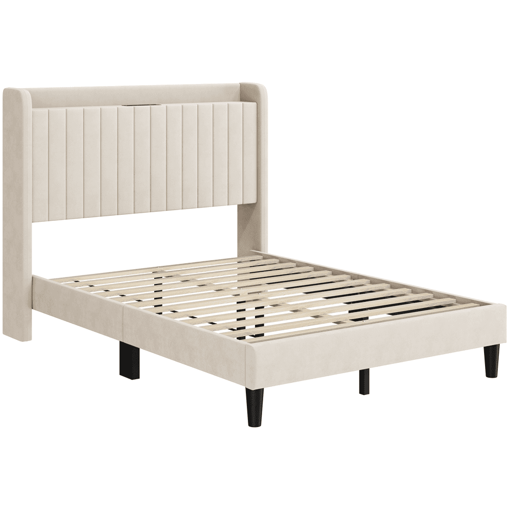 FullFurnique Cadre de Lit Capitonné en Velours avec Prises de Courant et Ports USB, Double, Beige