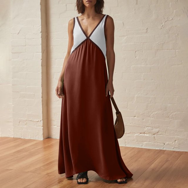 TACILIP Robes pour Femmes, Robe Unie à Col en V Sans Manches à Blocs de Couleur pour Femmes, Cadeaux pour Femmes