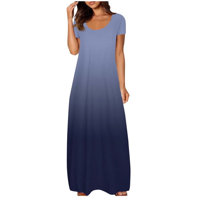 fatyb Robes Maxi à Manches Courtes pour Femmes Col Ras du Cou Décontractées Longues Robes Imprimées Robes T-Shirt d'Été