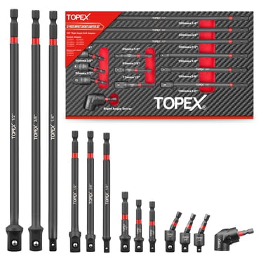 TOPEX Ensemble de 13 Adaptateurs de Douilles à Choc 1/4 Pouces, Ensemble de Barres d'Extension, Corps Hexagonal Robuste, Transducteur à Angle Droit Rotatif 105°