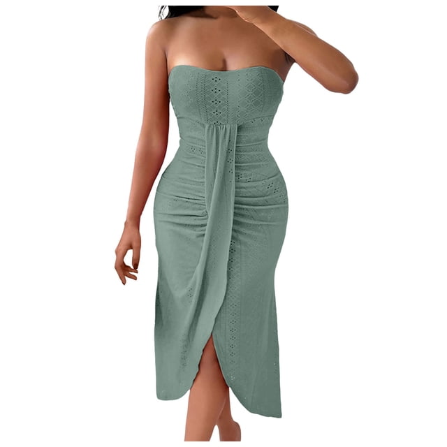 XDZJLR Robes pour Femmes Couleur Unie Sans Bretelles Ajustée Ourlet Irrégulier Robe de Loisirs