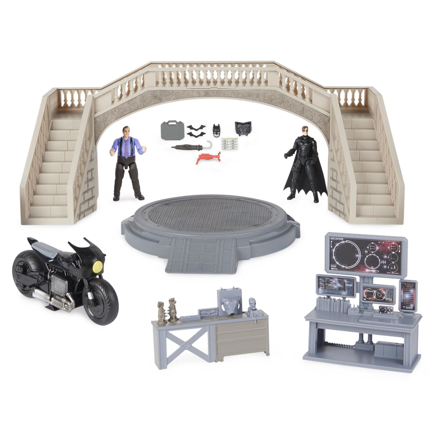 DC Comics, Batman Batcave avec figurines articulées exclusives Batman et The Penguin et Batcycle, Jouets pour enfants à collectionner du film Batman pour garçons et filles à partir de 3 ans