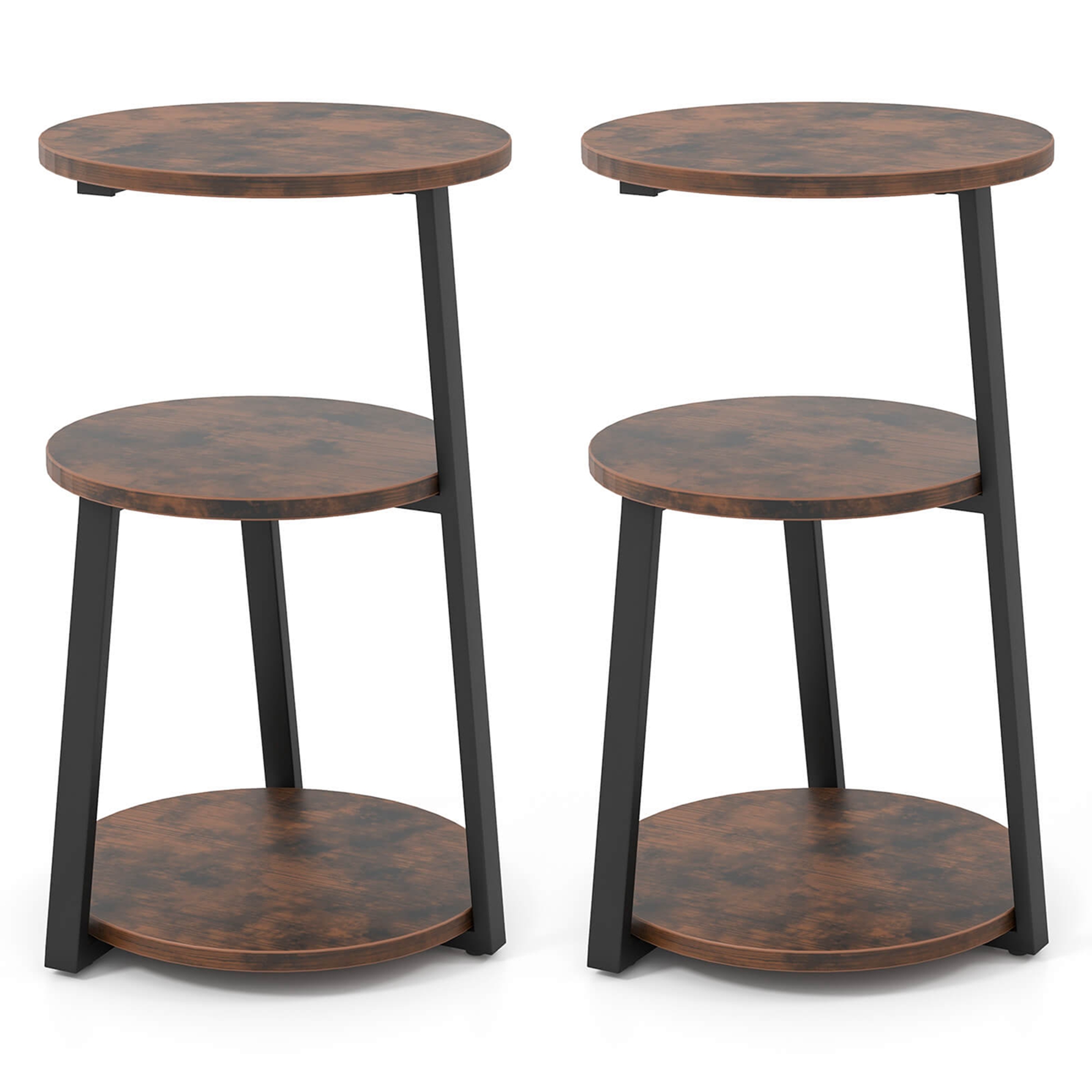 Costway Table d'Appoint Ronde à 3 Niveaux, 2 Pcs, avec Cadre en Métal et Patins de Pieds Ajustables, Table de Nuit