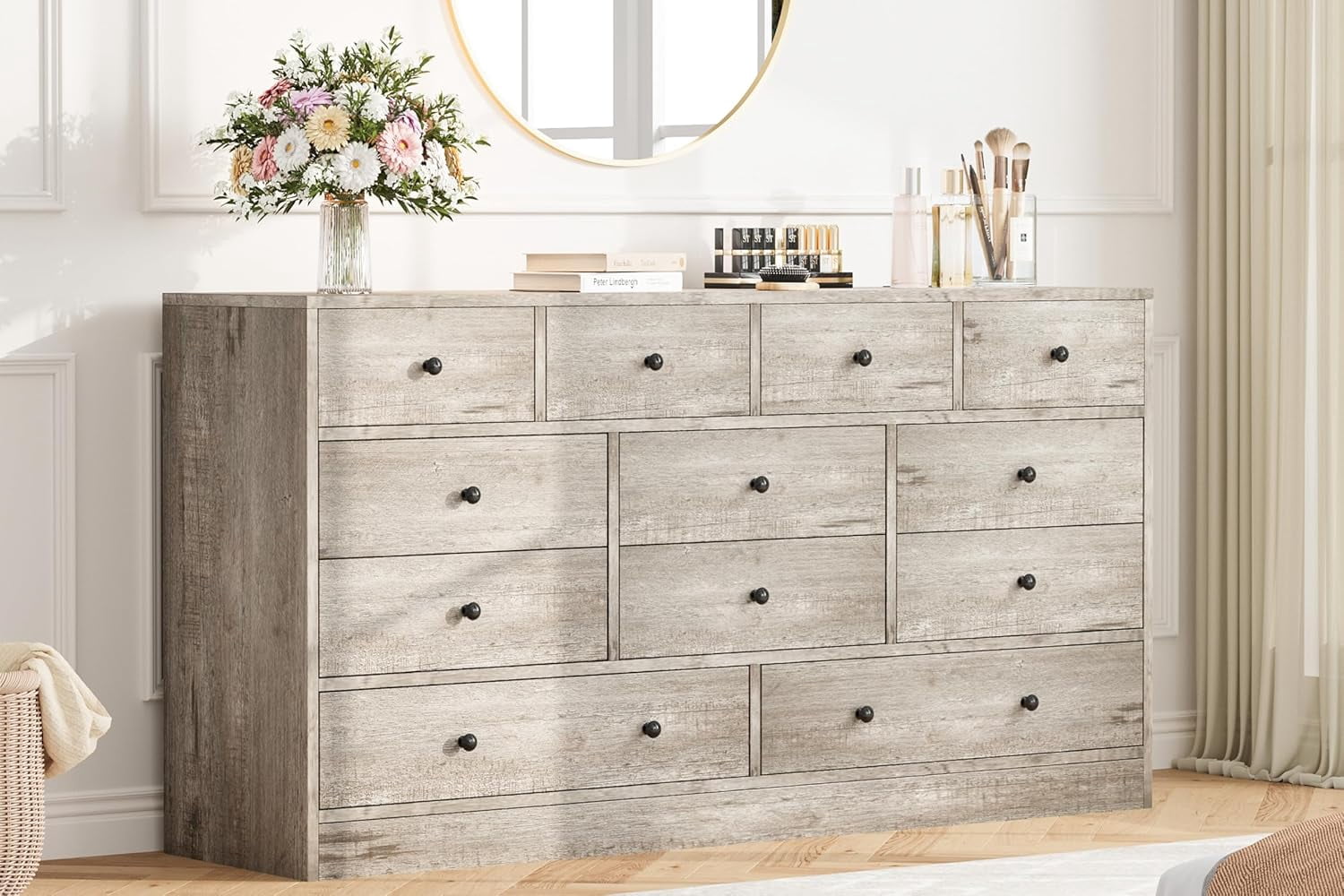 Dresser for Bedroom,12 Drawer Dressers & Chests of Drawers, Wood Storage Drawer Dresser with Power Outlet, 61 Inch