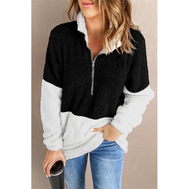 Pullover en Polaire Duveteuse à Col Zippé Noir et Blanc pour Femmes