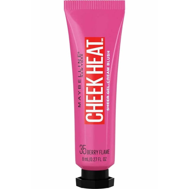 Maybelline New York Cheek Heat Sheer Gel-Cream Blush in 35 Berry Flame, 8 ml tube with bright pink flexible packaging and black hexagonal cap, featuring a lightweight, buildable gel formula for a natural flushed cheek look with a dewy finish.