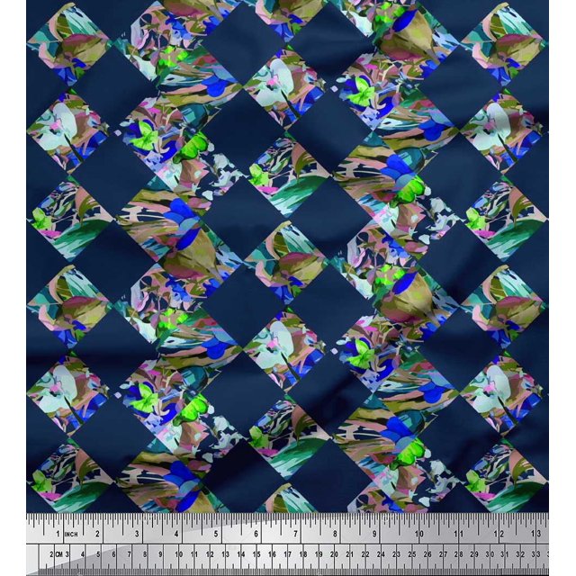 Soimoi Rayon Fabric Artistic Floral & Check Geometric Printed Fabric 1 Yard 42 Inch Wide
