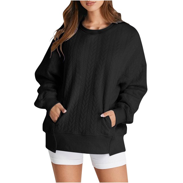 MeetoTime Women's Crewneck Sweatshirts Fall Long Sleeve Oversized Pullover Sweatshirts with Pockets