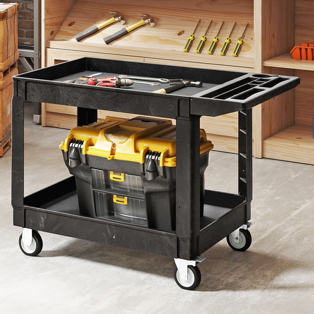 DEXTRUS Chariot Utilitaire Robuste à Roulettes avec Roues Verrouillables, Chariot de Service en Plastique HDPE à 2 Tablettes, Capacité de 550 Lb, 45 Pouces x 25 Pouces x 34 Pouces, pour Garage, Cuisine et Atelier, Noir